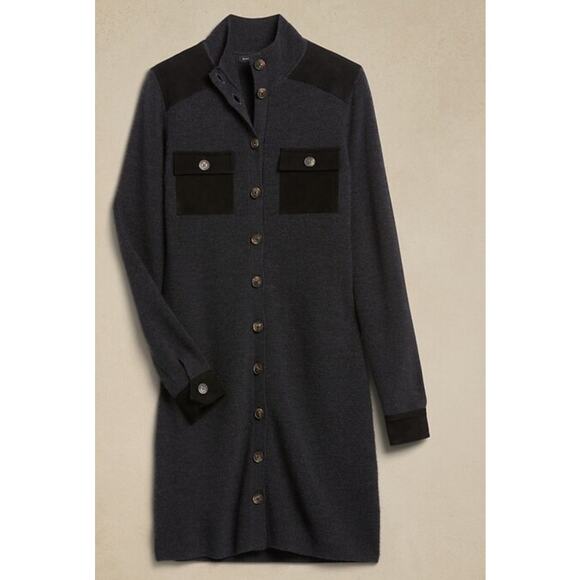 Banana Republic Womens Merino Wool Suede Sweater Dress L Gray Black Utility Coat - Picture 2 of 14